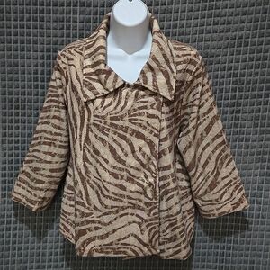 Brown Striped Asymmetrical Jacket Chicos2 Lg Snap Zebra Tiger Lace Glam Rock 3/4